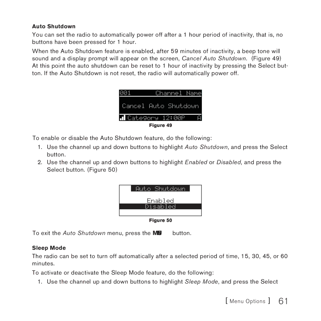 Sirius Satellite Radio STARMATE 3 manual To exit the Auto Shutdown menu, press the Menu button 