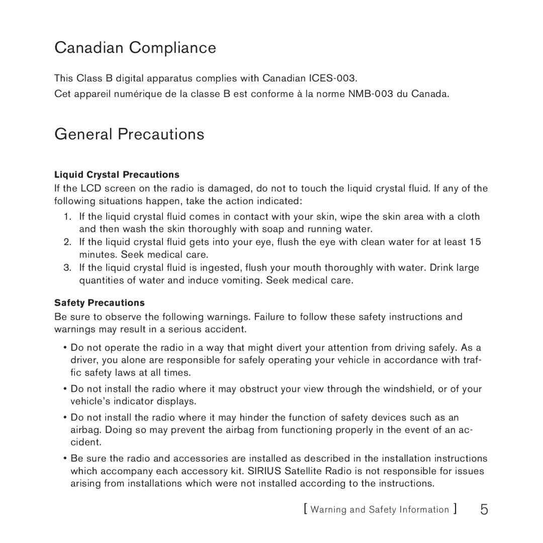 Sirius Satellite Radio STARMATE 3 manual Canadian Compliance, General Precautions 