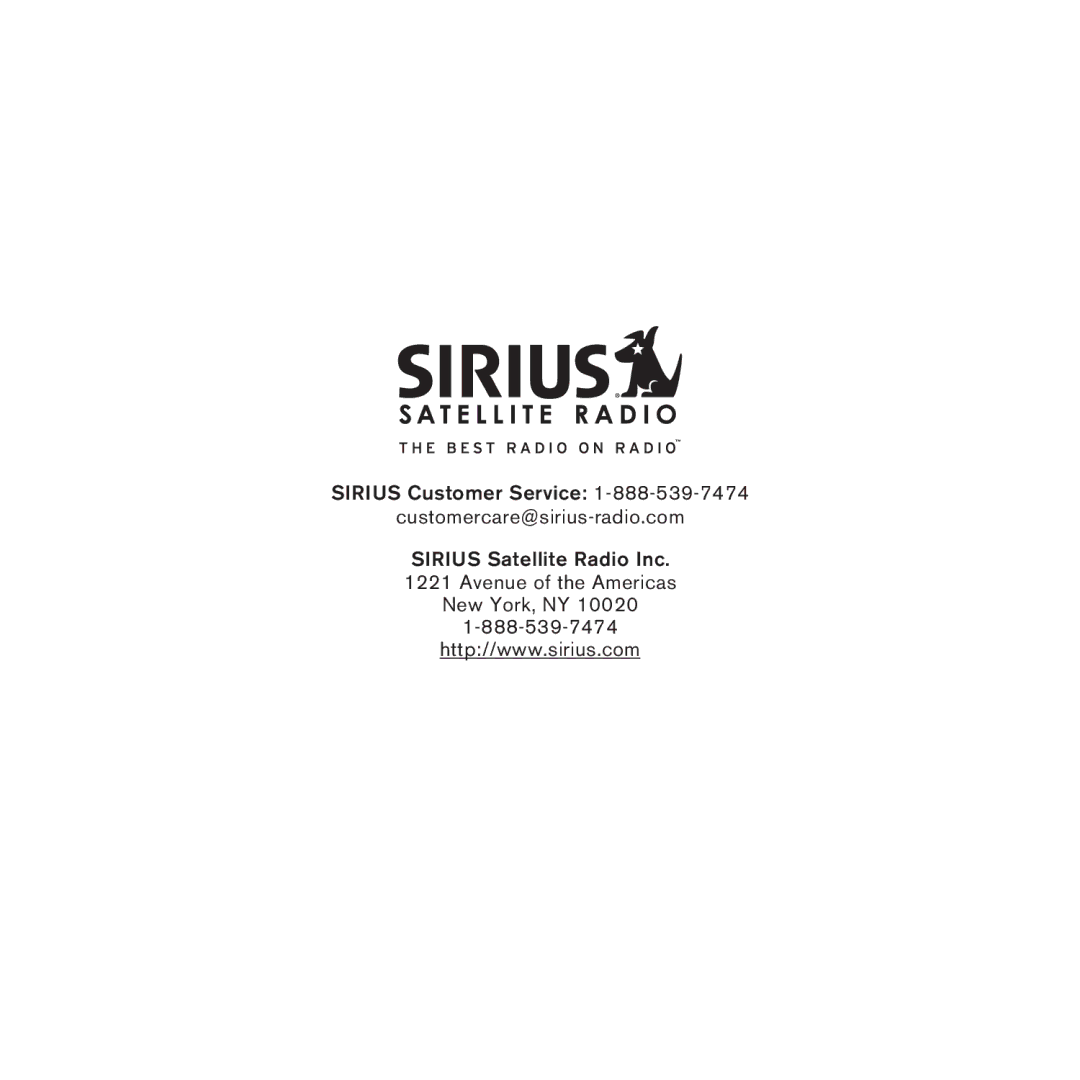 Sirius Satellite Radio STARMATE 3 manual Sirius Customer Service Customercare@sirius-radio.com 