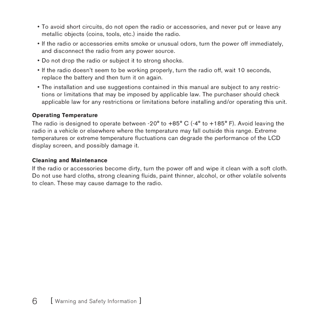 Sirius Satellite Radio STARMATE 3 manual Operating Temperature 