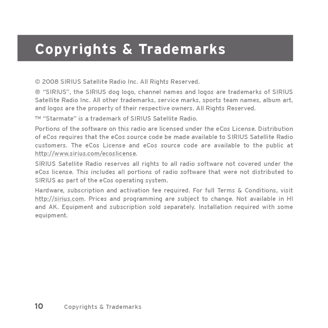 Sirius Satellite Radio Starmate 5 manual Copyrights & Trademarks 