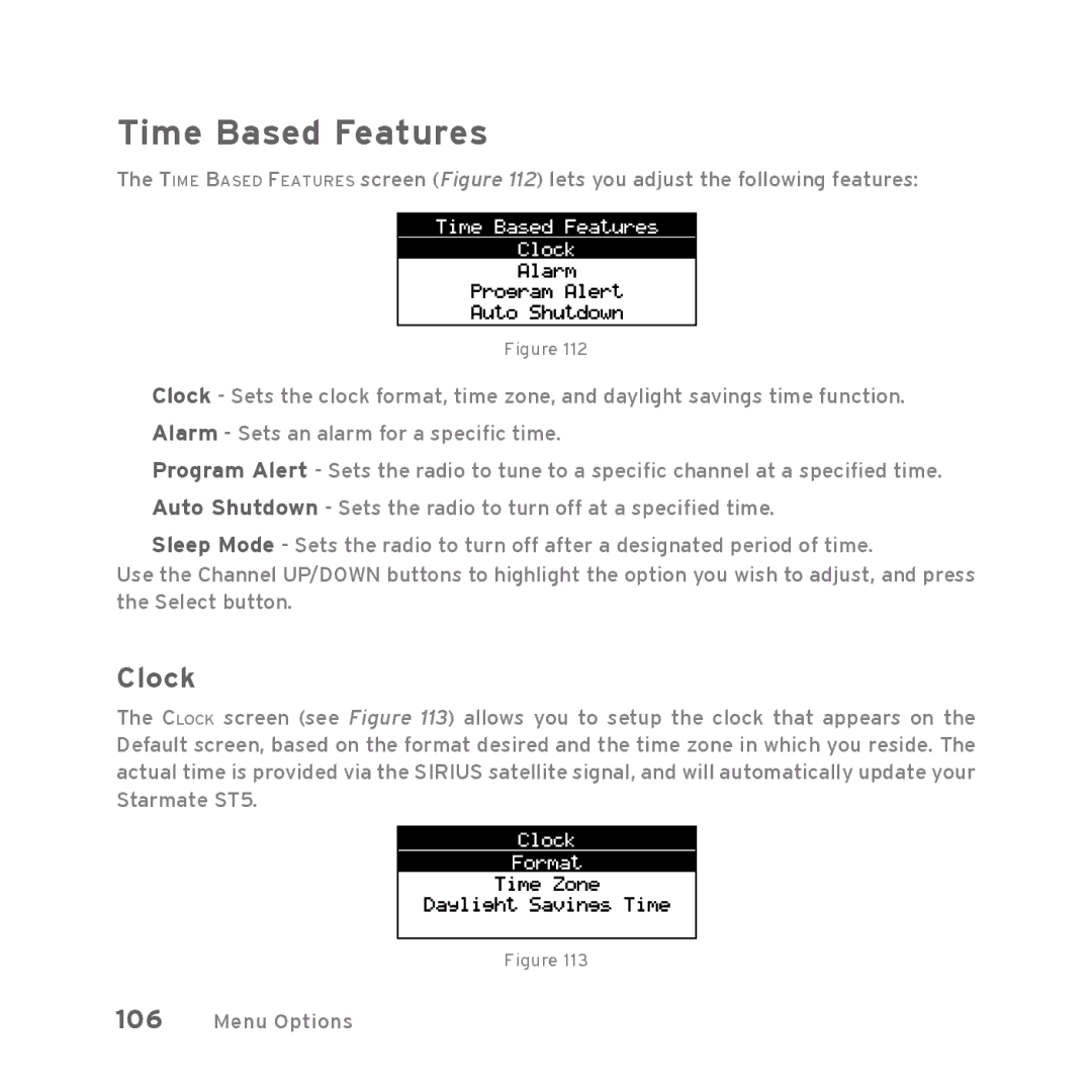 Sirius Satellite Radio Starmate 5 manual Time Based Features, Clock 