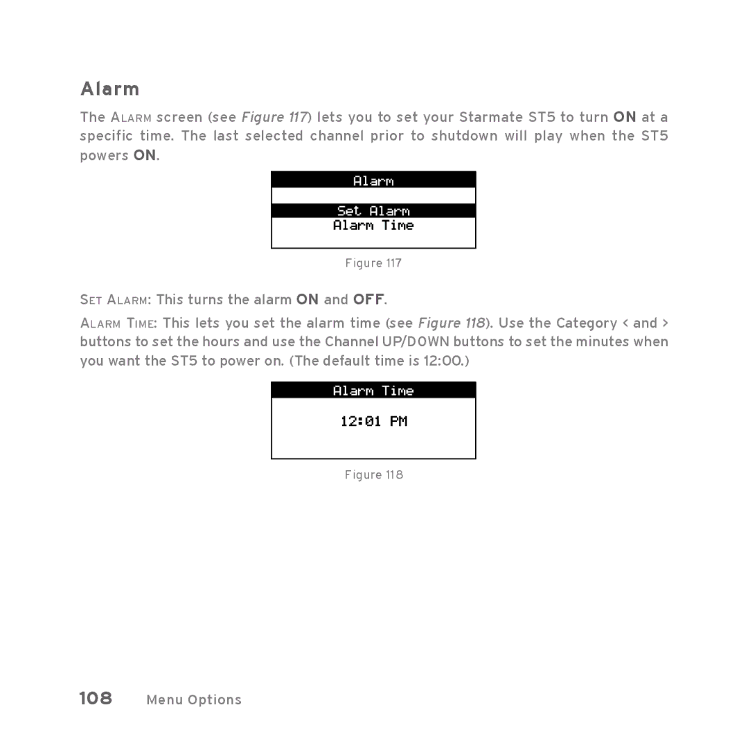 Sirius Satellite Radio Starmate 5 manual Alarm 