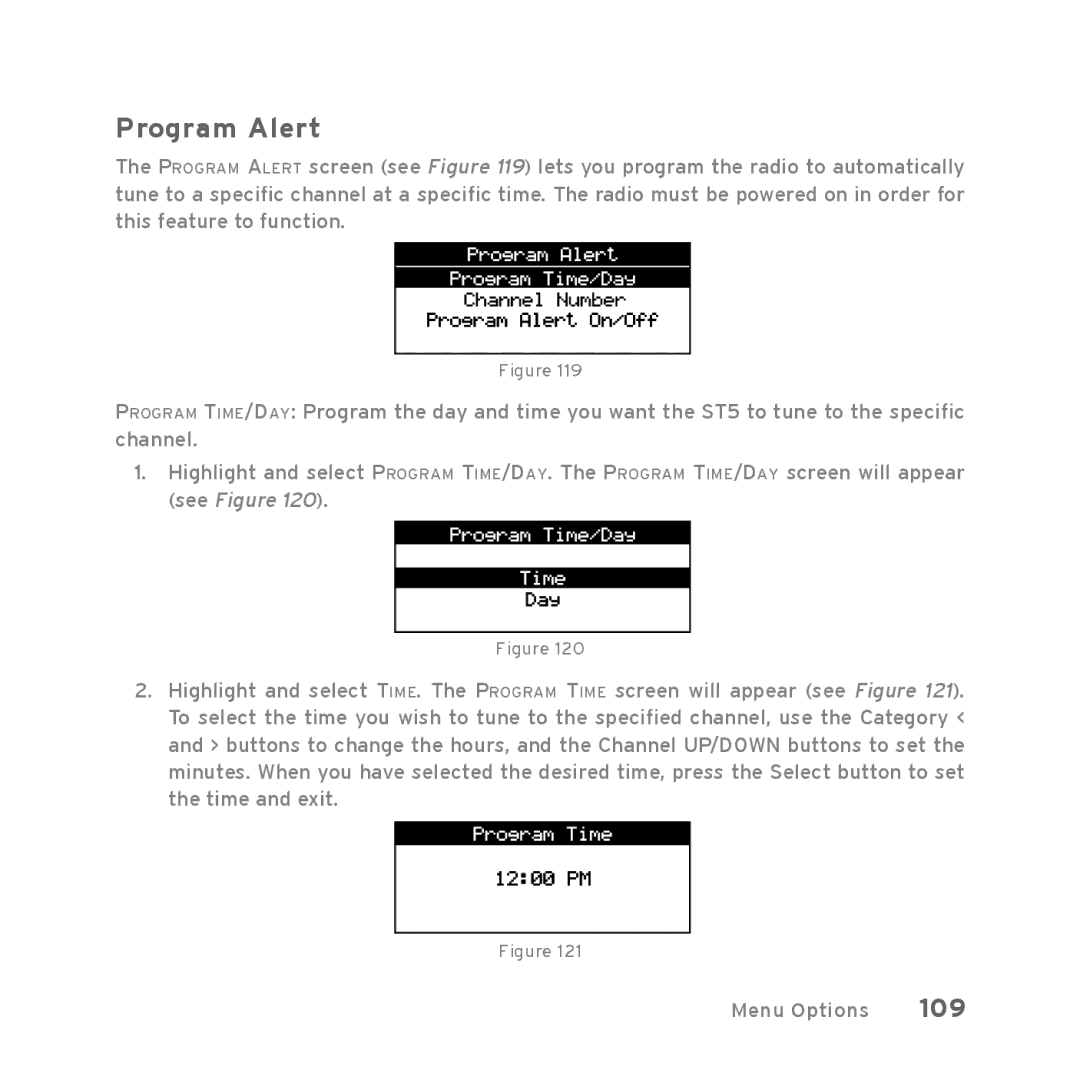 Sirius Satellite Radio Starmate 5 manual Program Alert, 109 