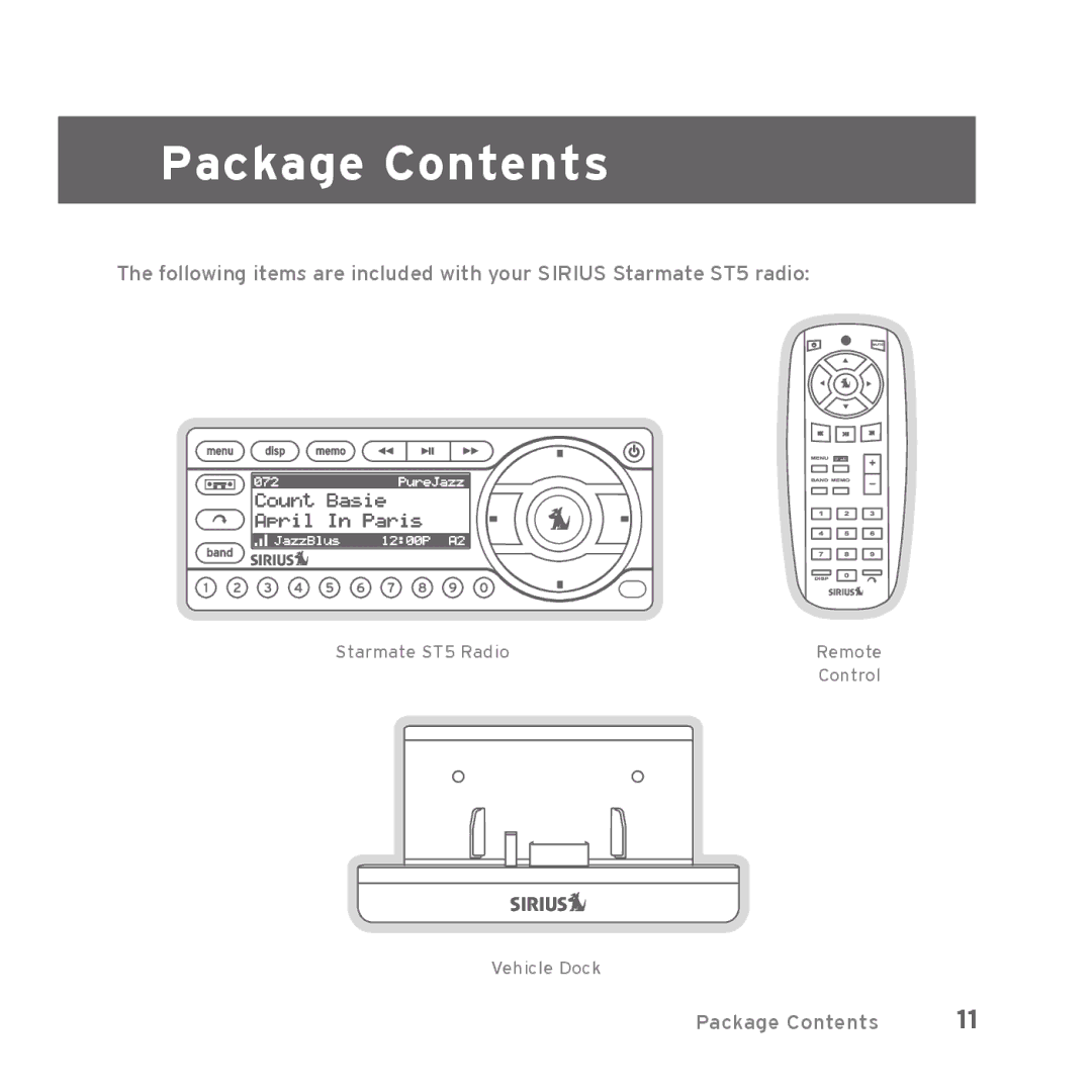 Sirius Satellite Radio Starmate 5 manual Package Contents 