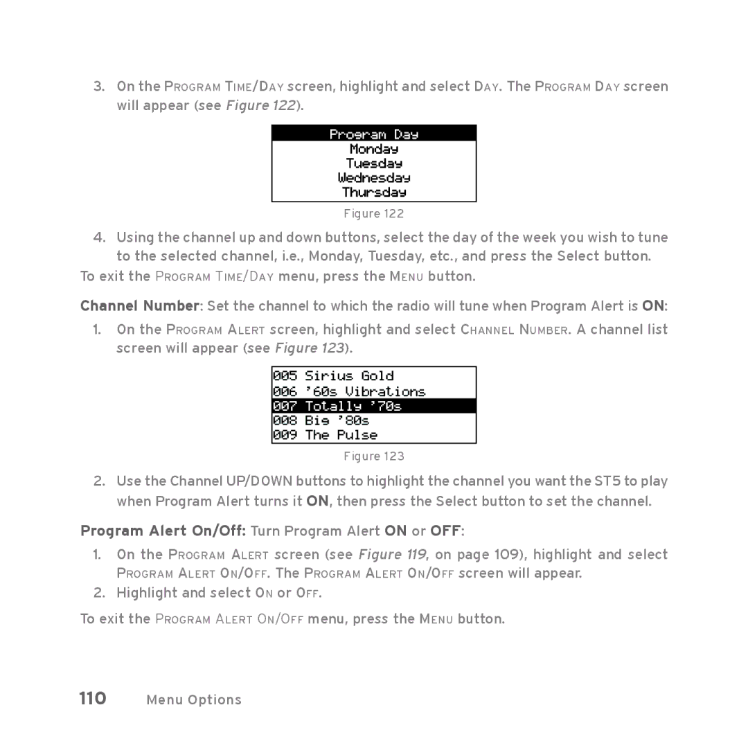 Sirius Satellite Radio Starmate 5 manual Program Alert On/Off Turn Program Alert on or OFF 