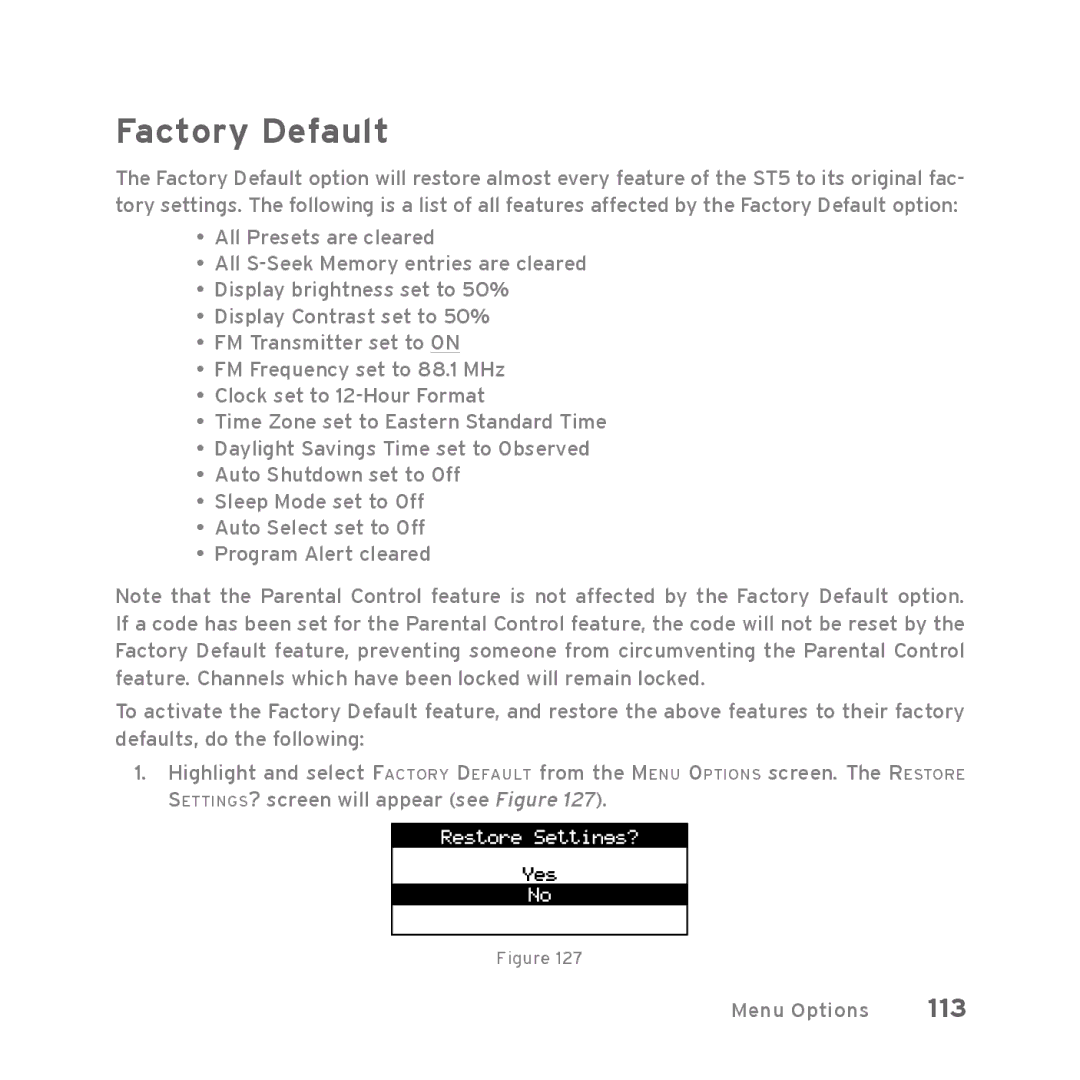 Sirius Satellite Radio Starmate 5 manual Factory Default, 113 