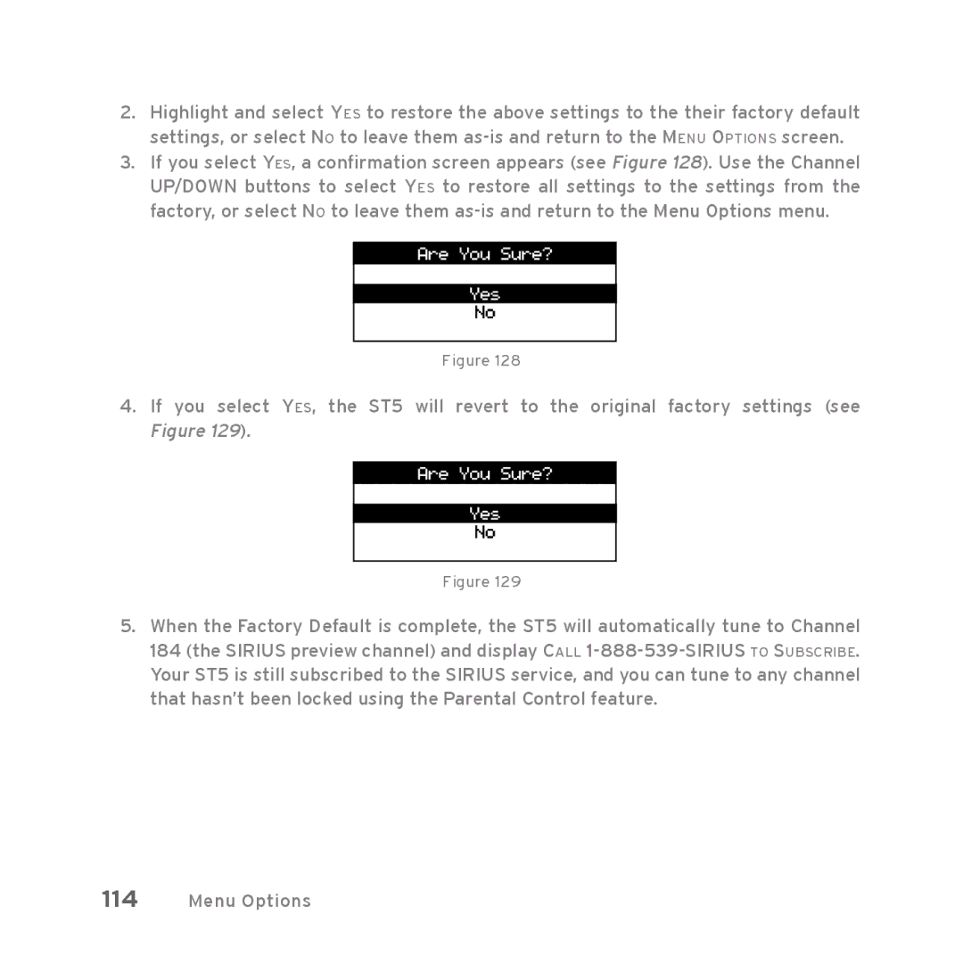 Sirius Satellite Radio Starmate 5 manual Menu Options 