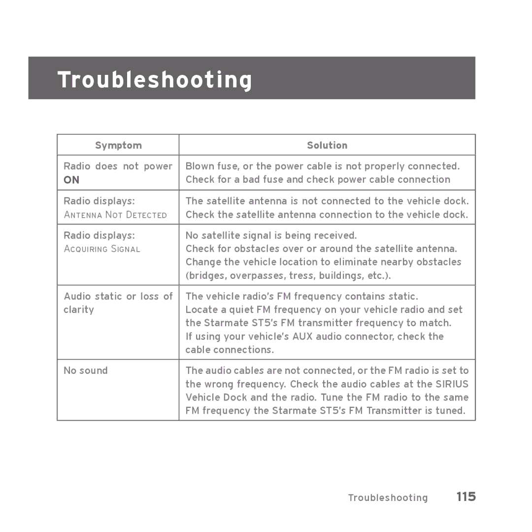 Sirius Satellite Radio Starmate 5 manual Troubleshooting 