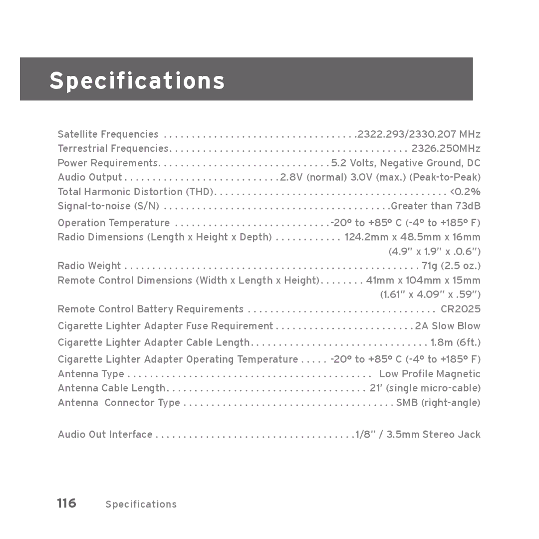 Sirius Satellite Radio Starmate 5 manual Specifications 