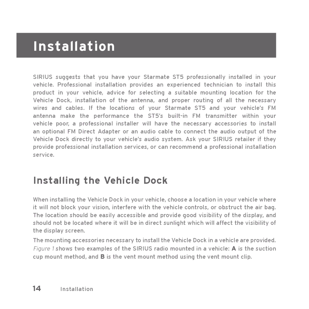 Sirius Satellite Radio Starmate 5 manual Installation, Installing the Vehicle Dock 