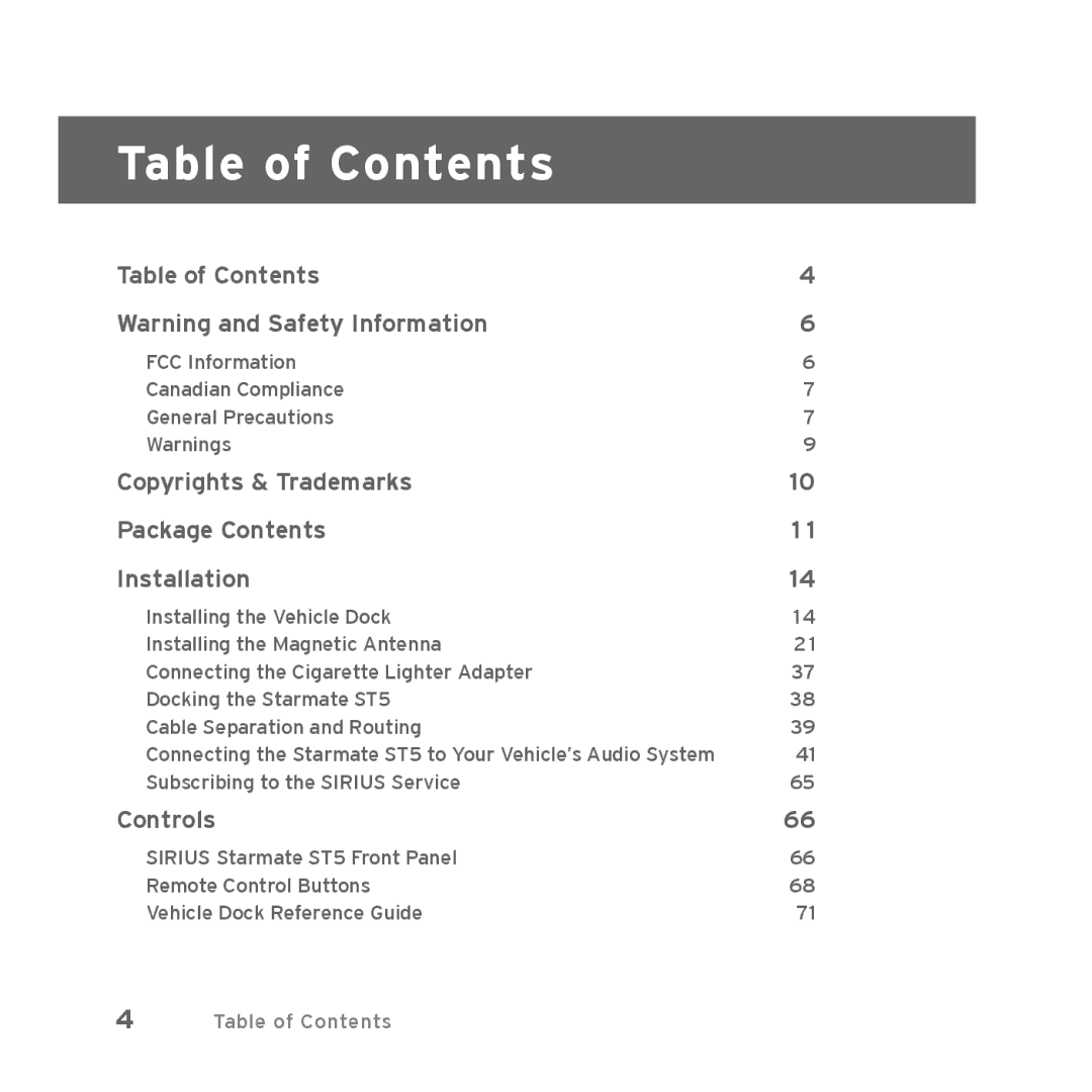 Sirius Satellite Radio Starmate 5 manual Table of Contents 