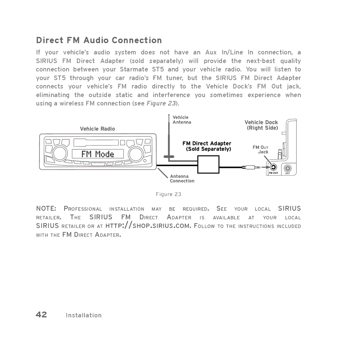 Sirius Satellite Radio Starmate 5 manual Direct FM Audio Connection, Sirius 