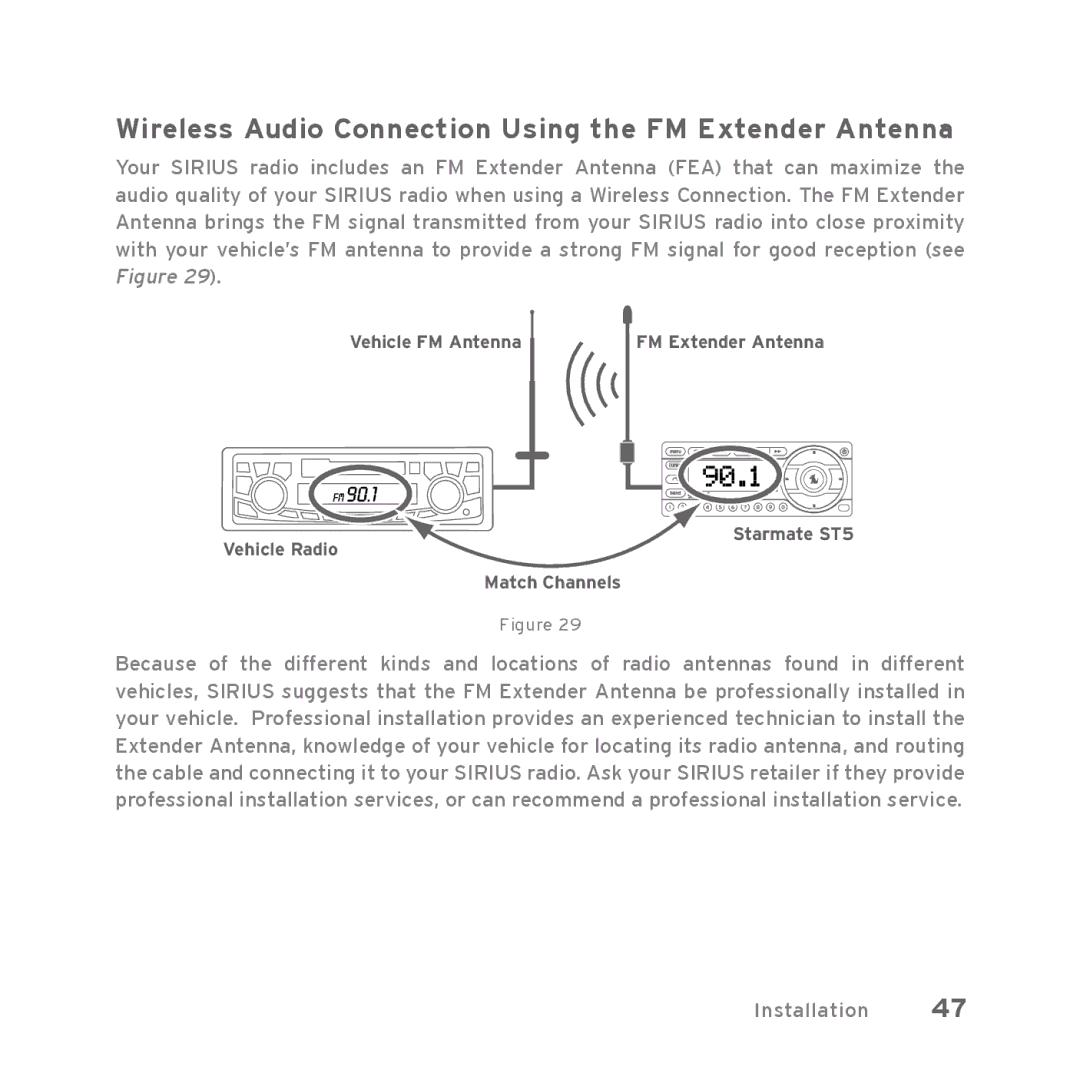 Sirius Satellite Radio Starmate 5 manual Wireless Audio Connection Using the FM Extender Antenna 