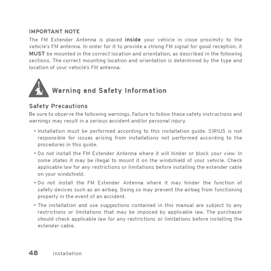 Sirius Satellite Radio Starmate 5 manual Important Note 