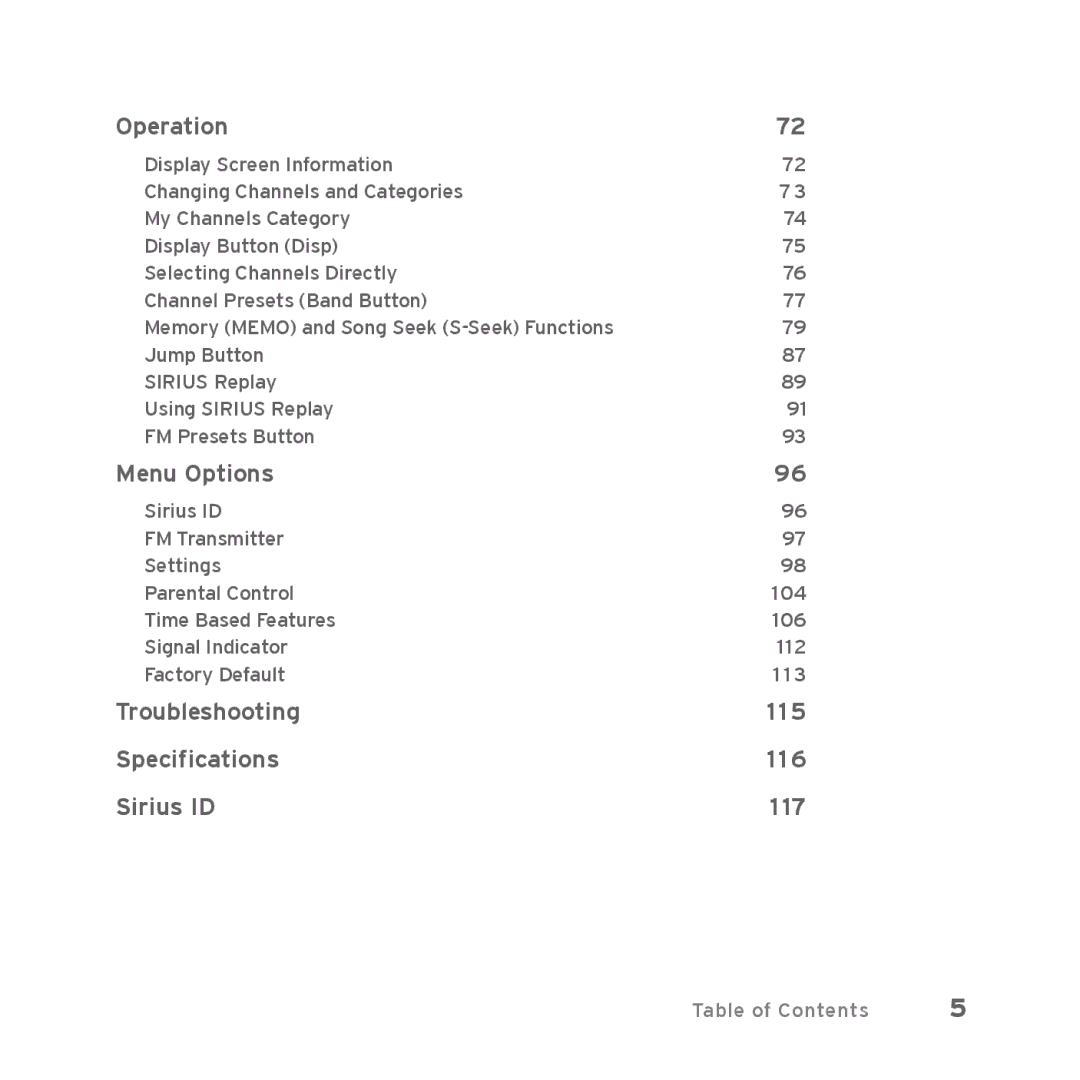 Sirius Satellite Radio Starmate 5 manual Operation, Menu Options, Troubleshooting 115 Speciﬁcations 116 Sirius ID 117 