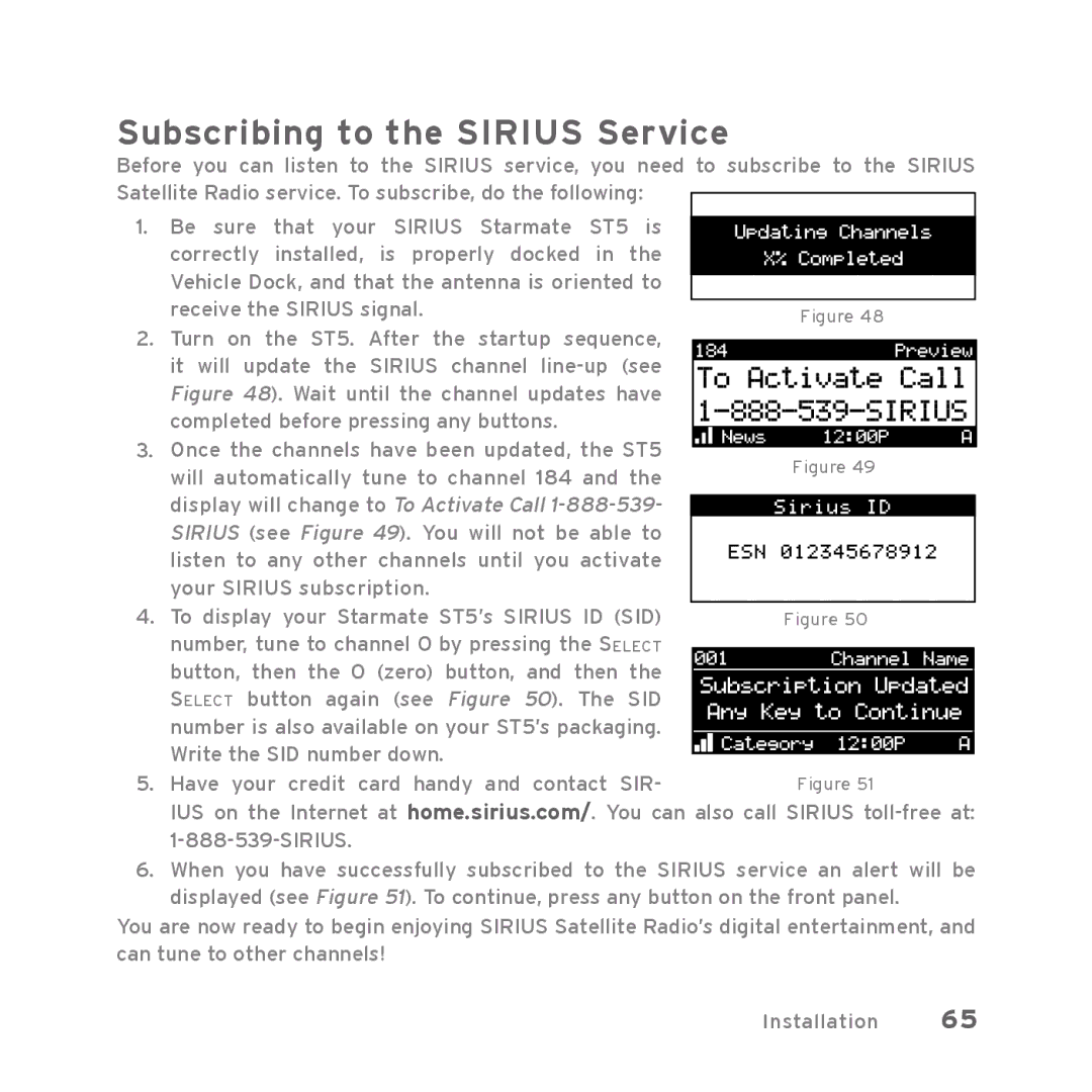 Sirius Satellite Radio Starmate 5 manual Subscribing to the Sirius Service 