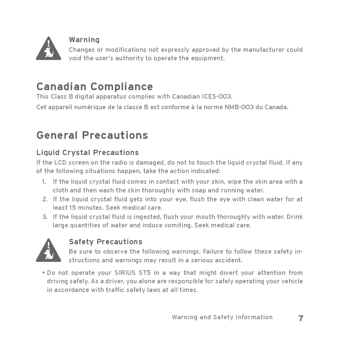 Sirius Satellite Radio Starmate 5 Canadian Compliance, General Precautions, Liquid Crystal Precautions, Safety Precautions 