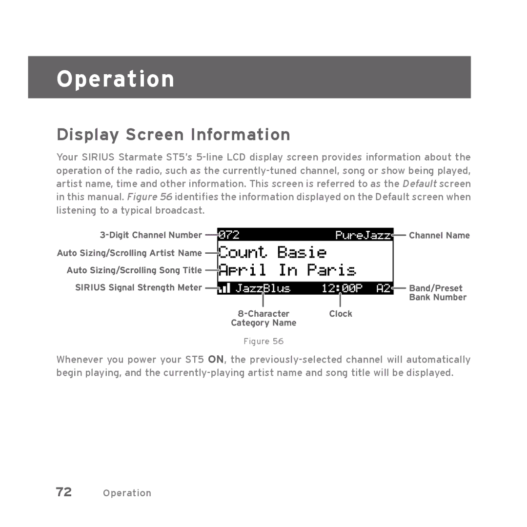 Sirius Satellite Radio Starmate 5 manual Operation, Display Screen Information 