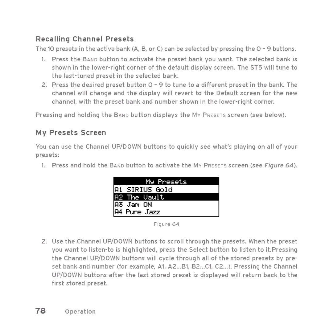 Sirius Satellite Radio Starmate 5 manual Recalling Channel Presets, My Presets Screen 