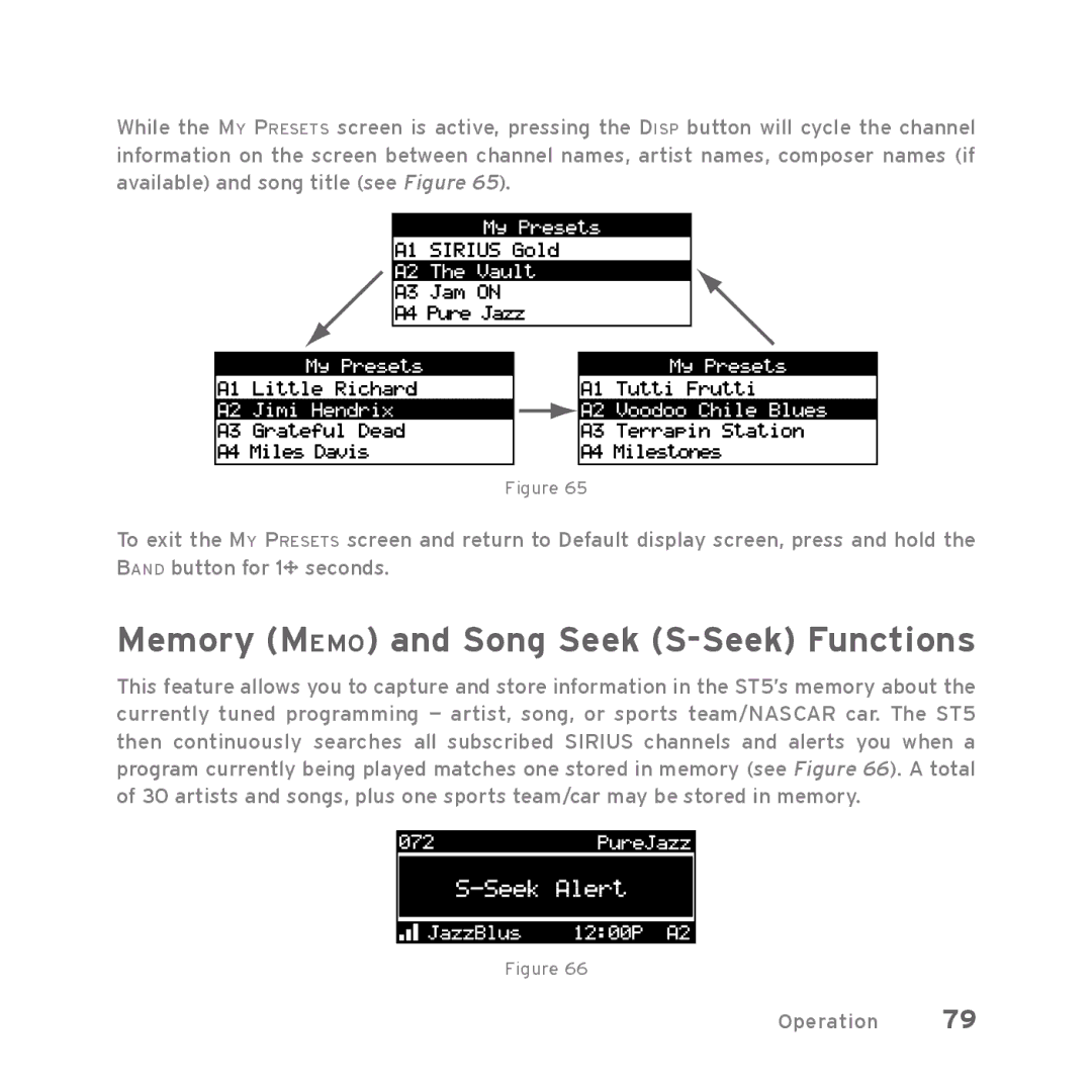 Sirius Satellite Radio Starmate 5 manual Memory Memo and Song Seek S-Seek Functions 