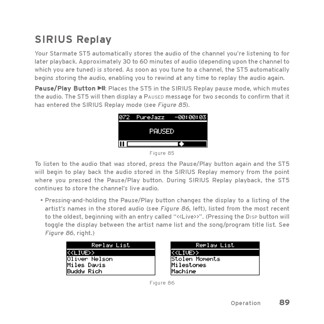 Sirius Satellite Radio Starmate 5 manual Sirius Replay 