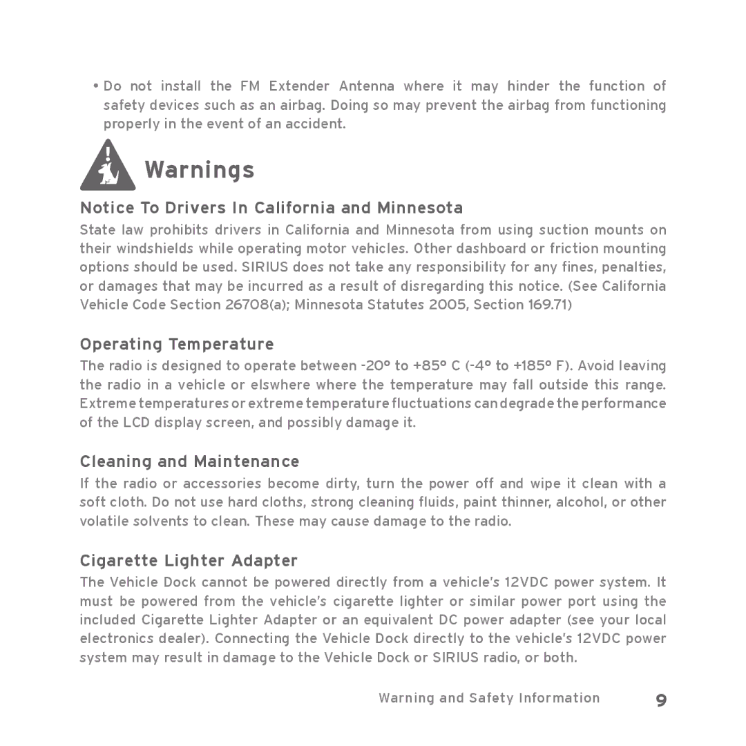 Sirius Satellite Radio Starmate 5 manual Operating Temperature, Cleaning and Maintenance, Cigarette Lighter Adapter 