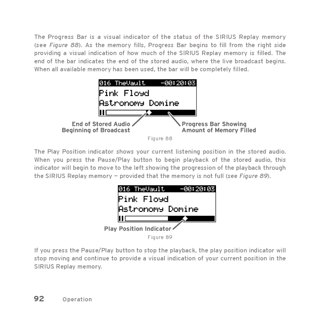 Sirius Satellite Radio Starmate 5 manual End of Stored Audio Progress Bar Showing, Play Position Indicator 