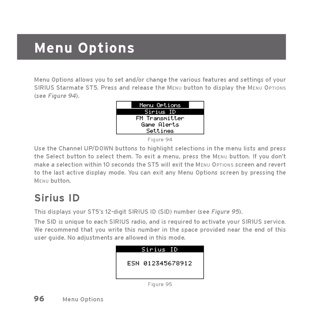 Sirius Satellite Radio Starmate 5 manual Menu Options, Sirius ID 