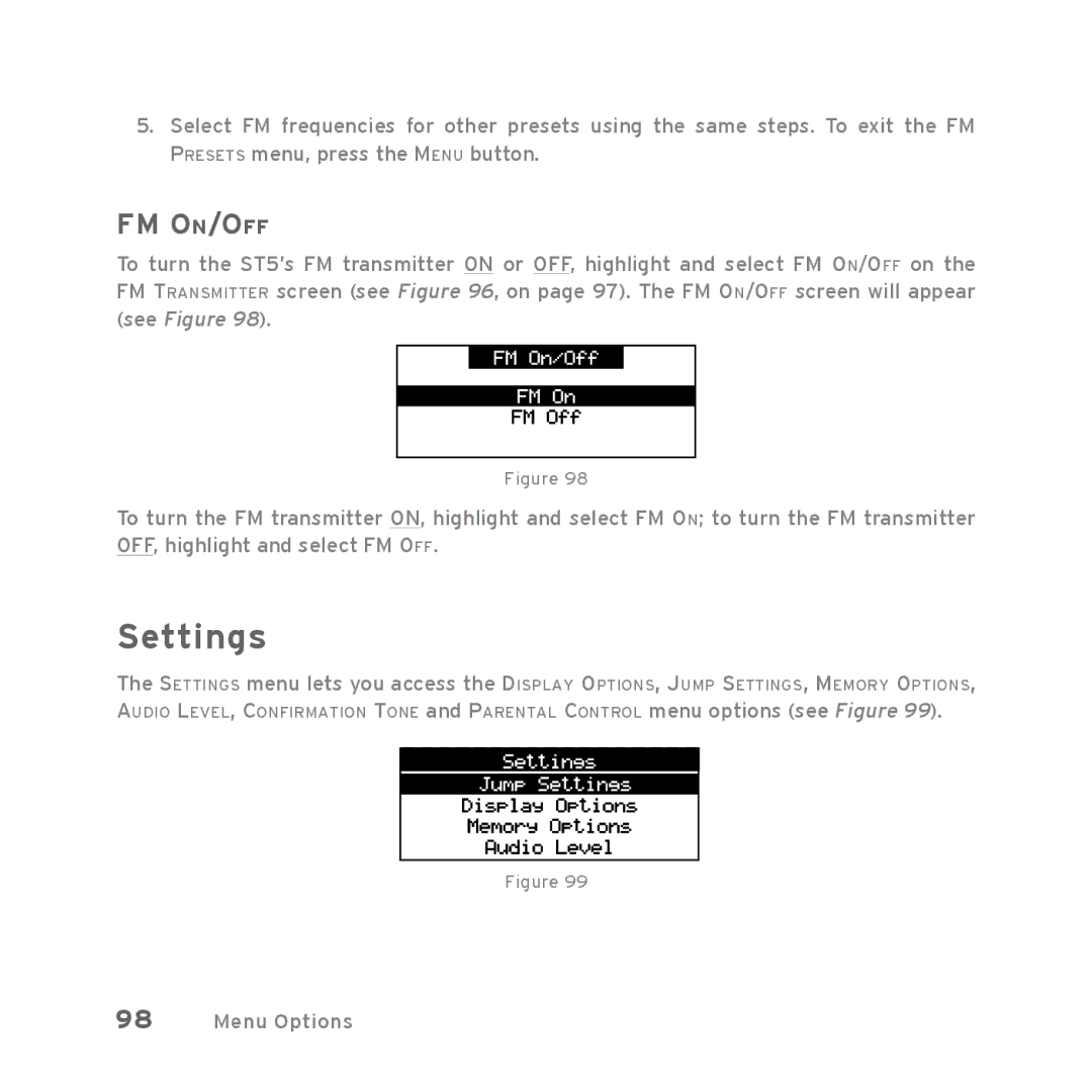 Sirius Satellite Radio Starmate 5 manual Settings, Fm On/Off 