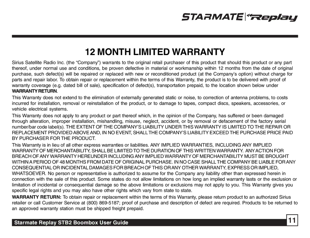 Sirius Satellite Radio STB2 manual Month Limited Warranty 