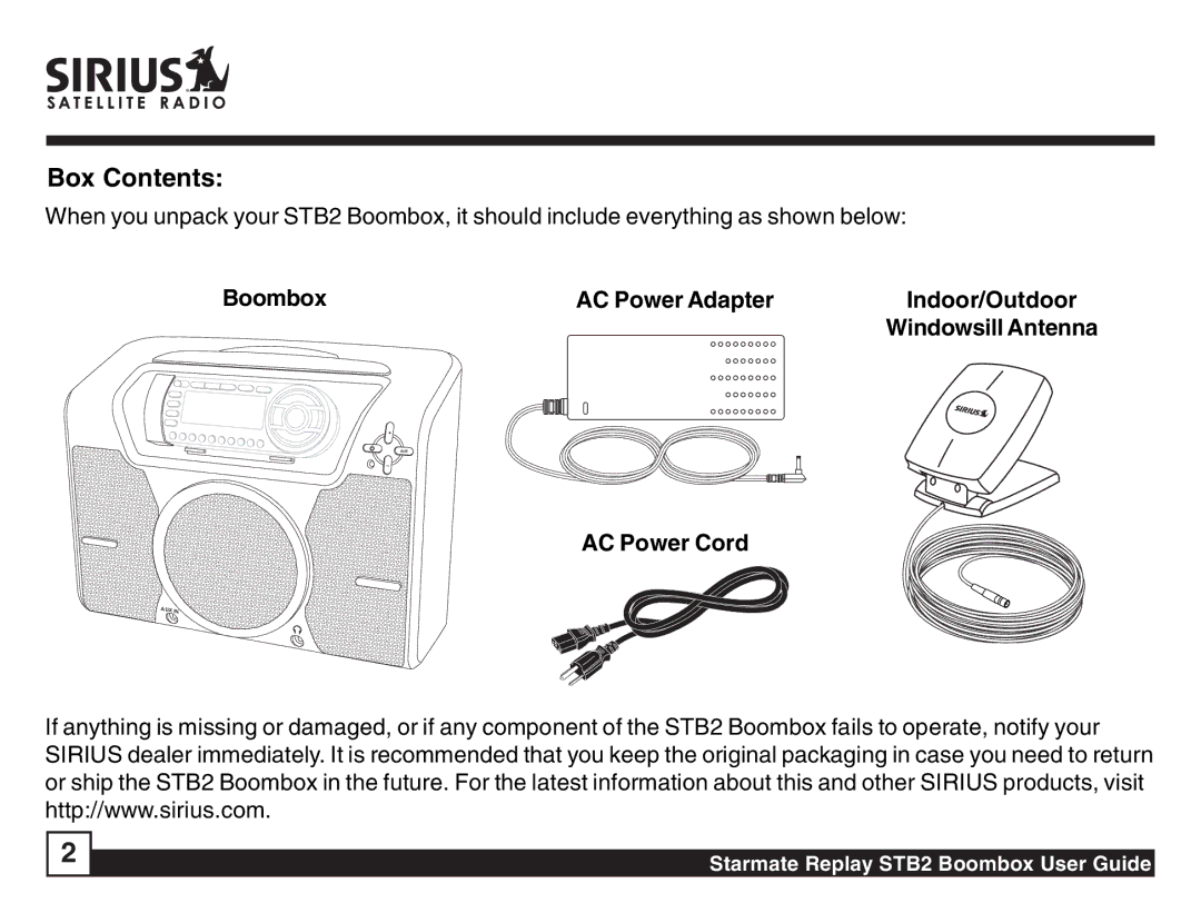 Sirius Satellite Radio STB2 manual Box Contents 