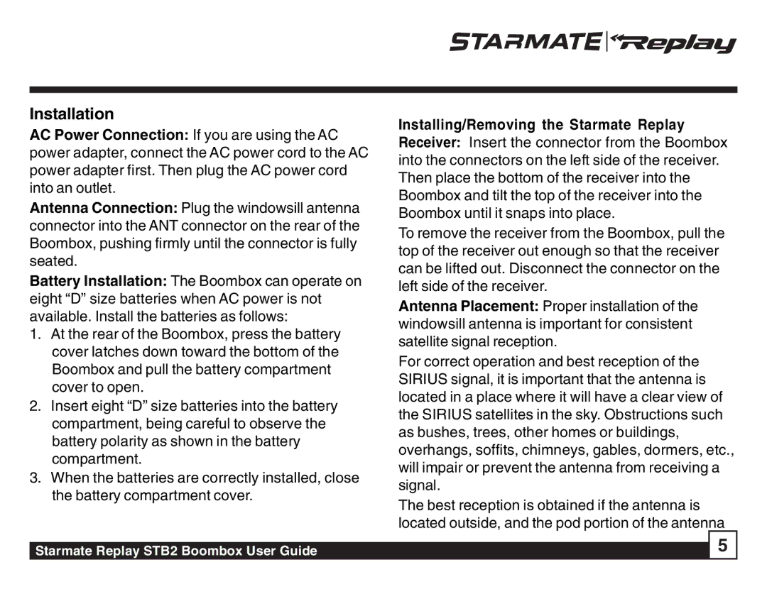 Sirius Satellite Radio STB2 manual Installation 