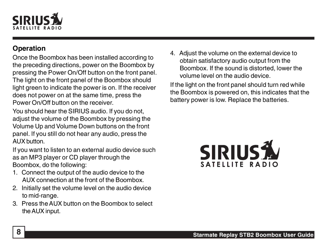 Sirius Satellite Radio STB2 manual Operation 