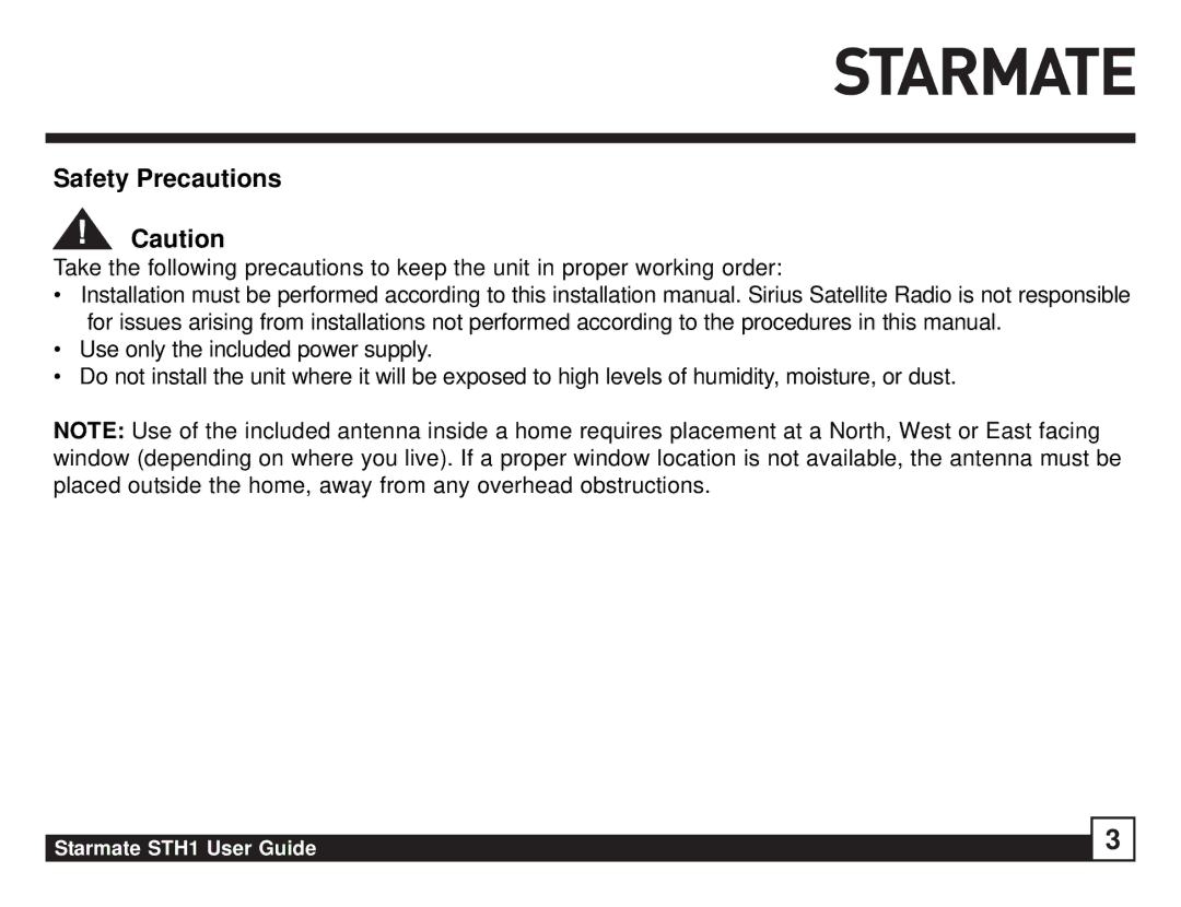 Sirius Satellite Radio STH1 manual Safety Precautions 