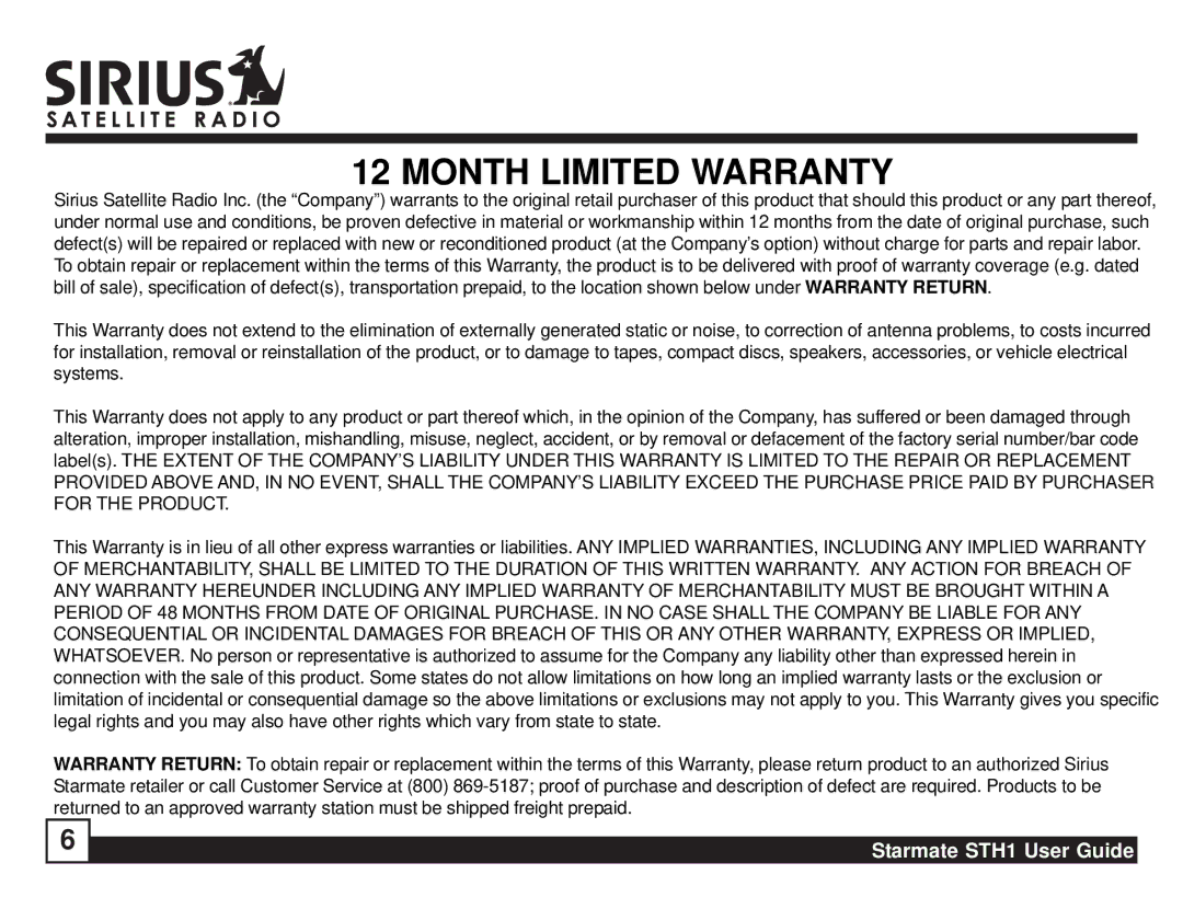 Sirius Satellite Radio STH1 manual Month Limited Warranty 