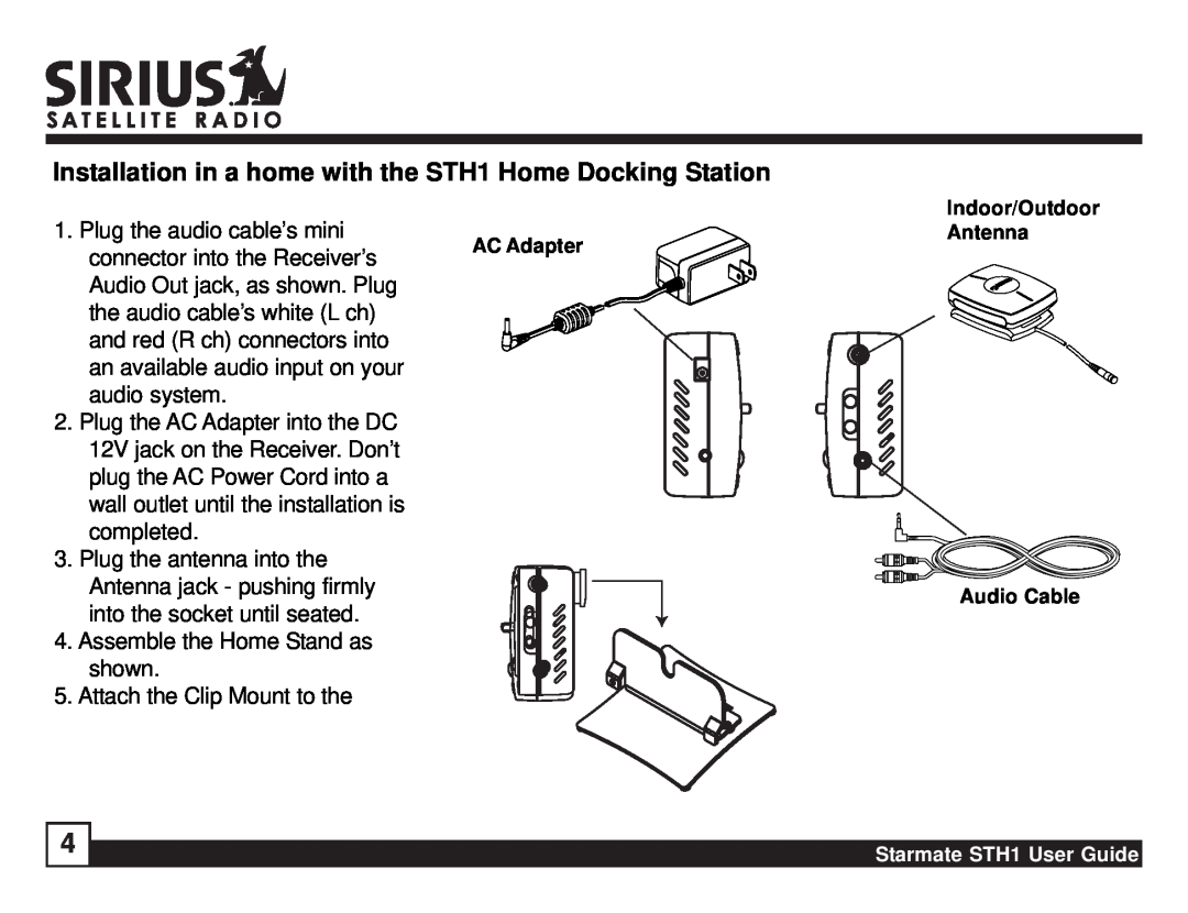 Sirius Satellite Radio STH1 manual Plug the audio cable’s mini 