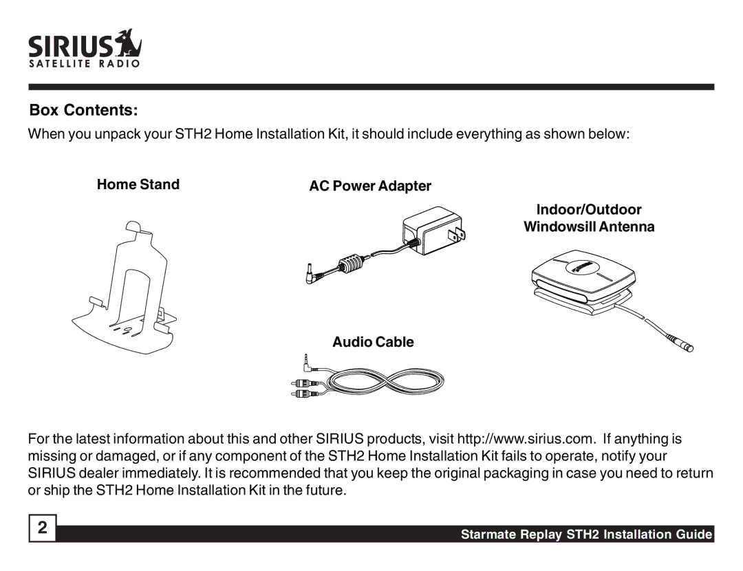 Sirius Satellite Radio STH2 manual Box Contents 