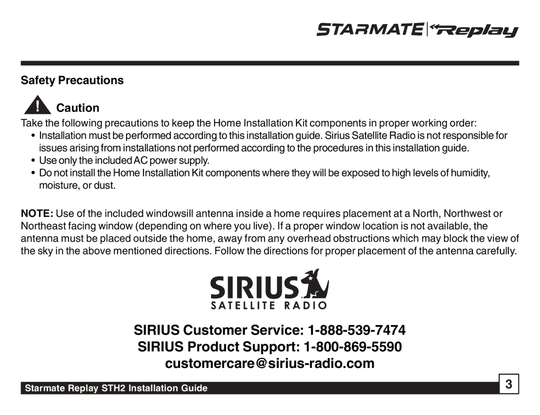 Sirius Satellite Radio STH2 manual Safety Precautions 