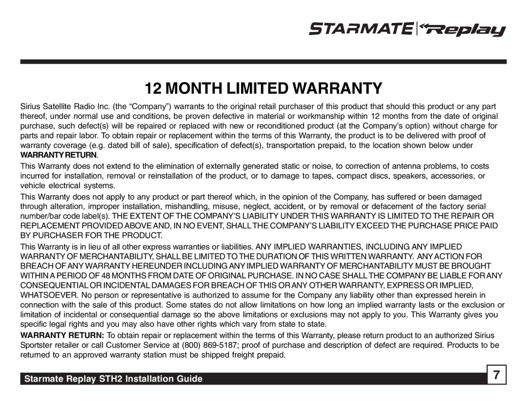 Sirius Satellite Radio STH2 manual Month Limited Warranty 