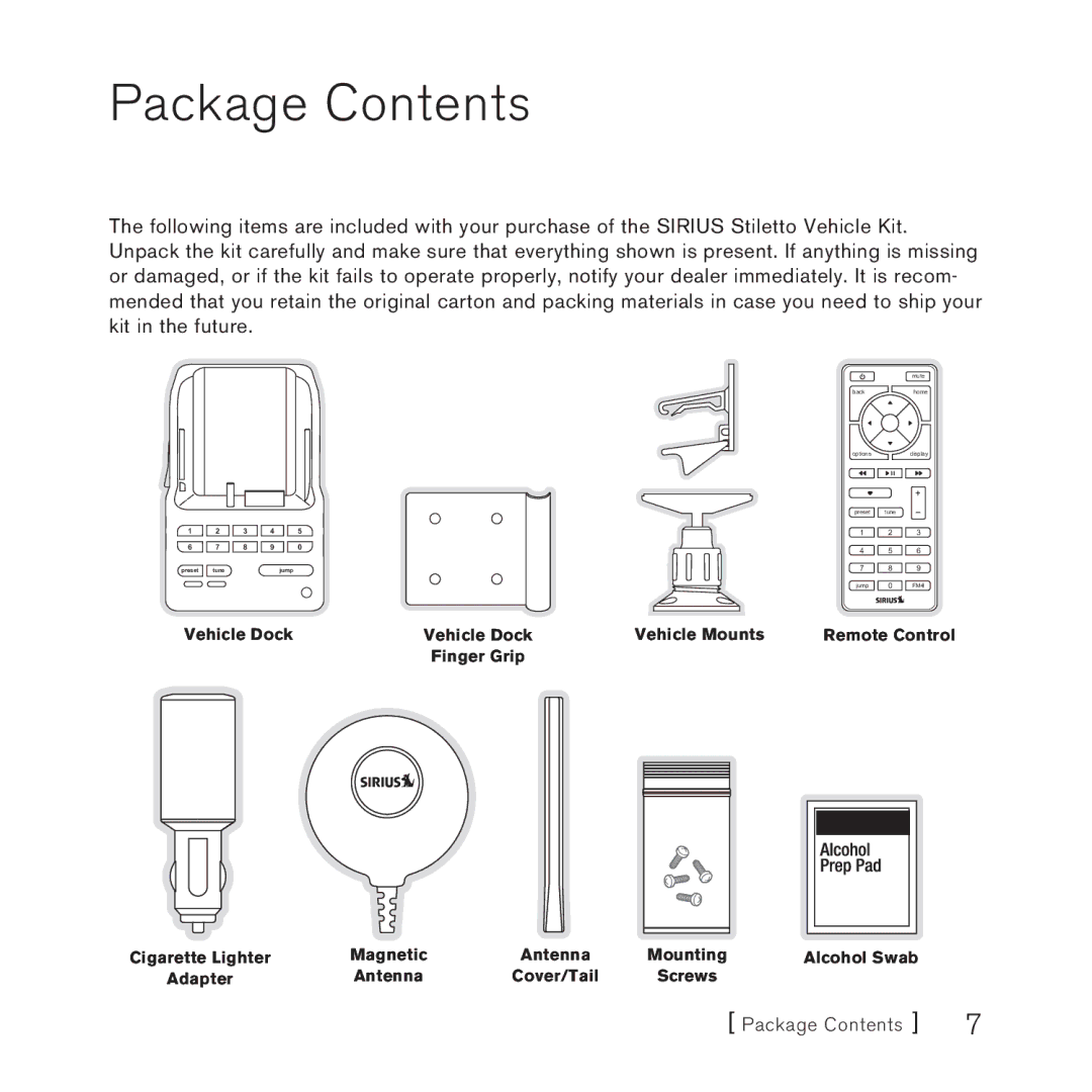 Sirius Satellite Radio Stiletto Vechicle Kit Satellite Radio manual Package Contents 