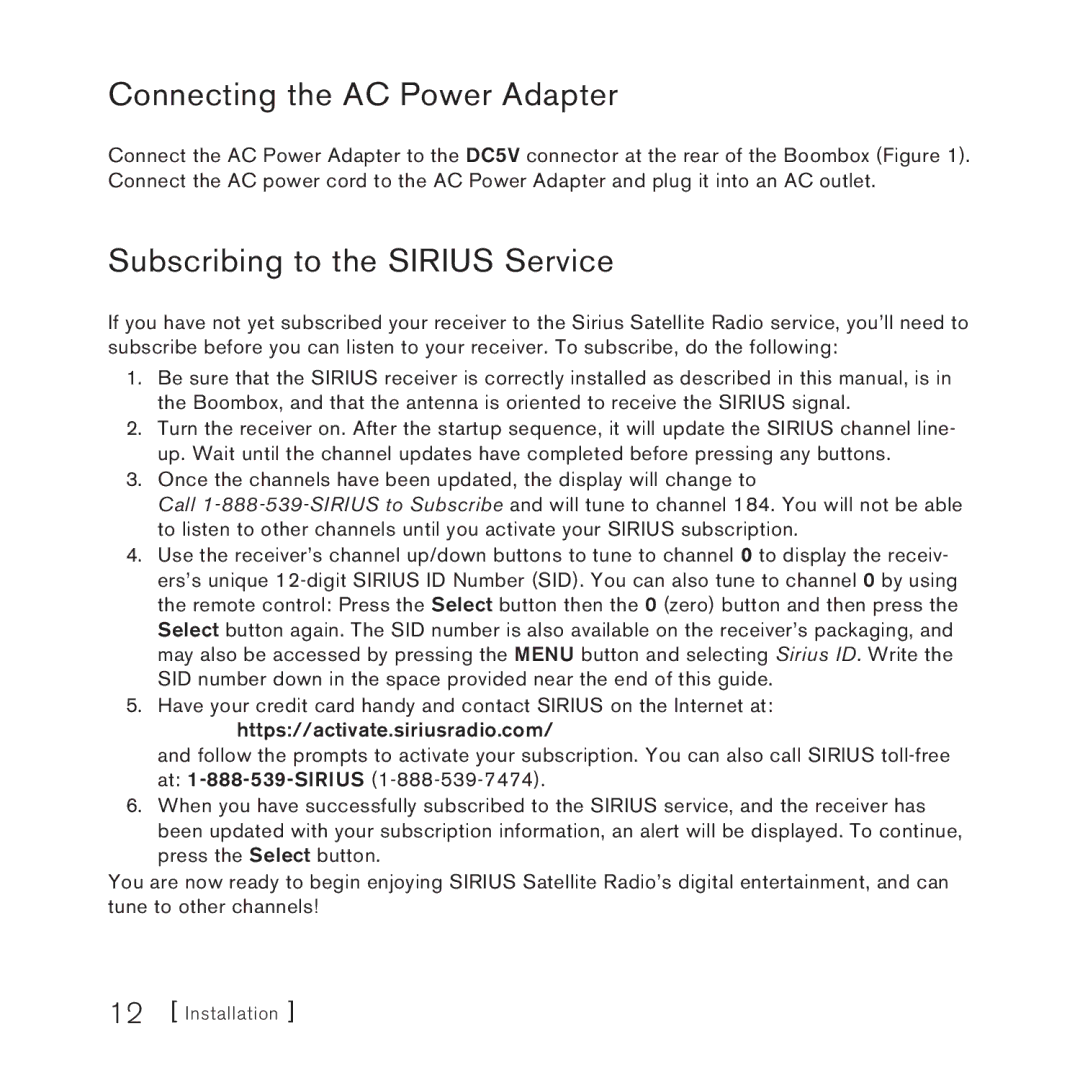 Sirius Satellite Radio SUBX1 manual Connecting the AC Power Adapter, Subscribing to the Sirius Service 