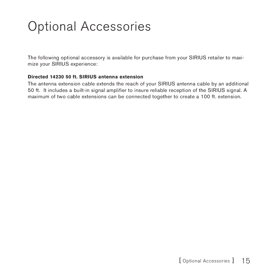 Sirius Satellite Radio SUBX1 manual Optional Accessories, Directed 14230 50 ft. Sirius antenna extension 