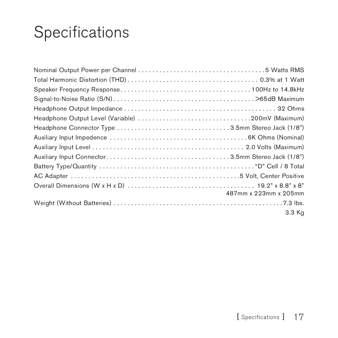 Sirius Satellite Radio SUBX1 manual Specifications 