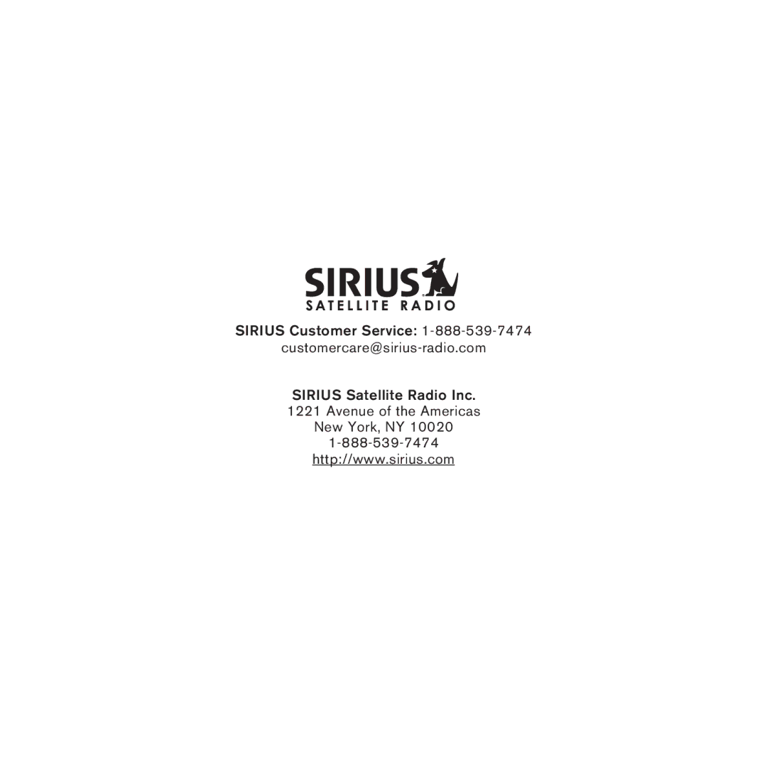 Sirius Satellite Radio SUBX1 manual Sirius Customer Service Customercare@sirius-radio.com 