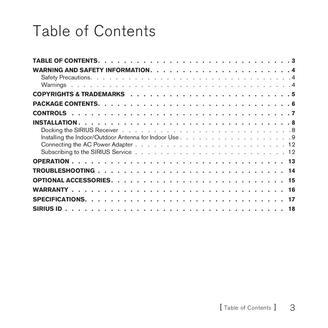 Sirius Satellite Radio SUBX1 manual Table of Contents 