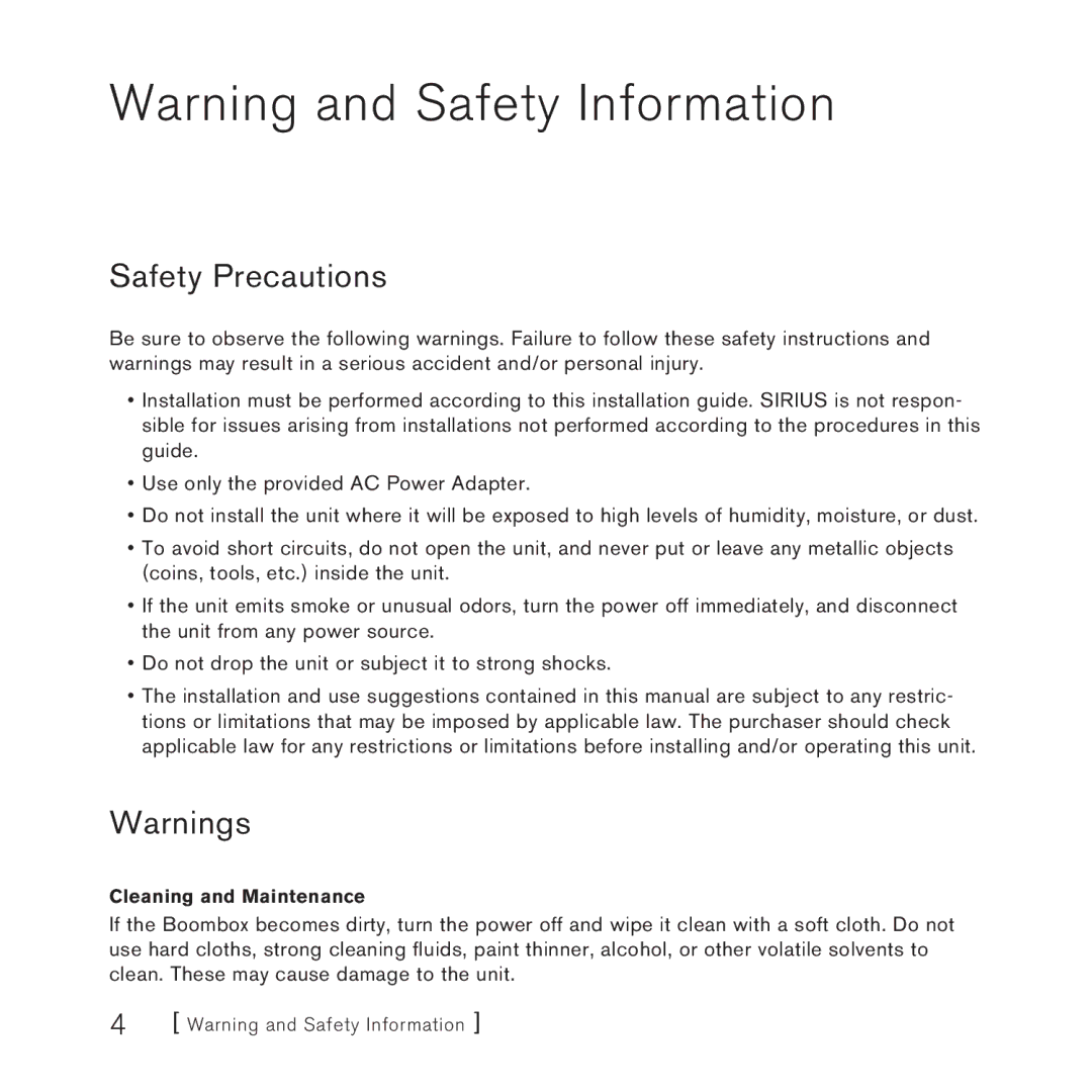 Sirius Satellite Radio SUBX1 manual Safety Precautions 