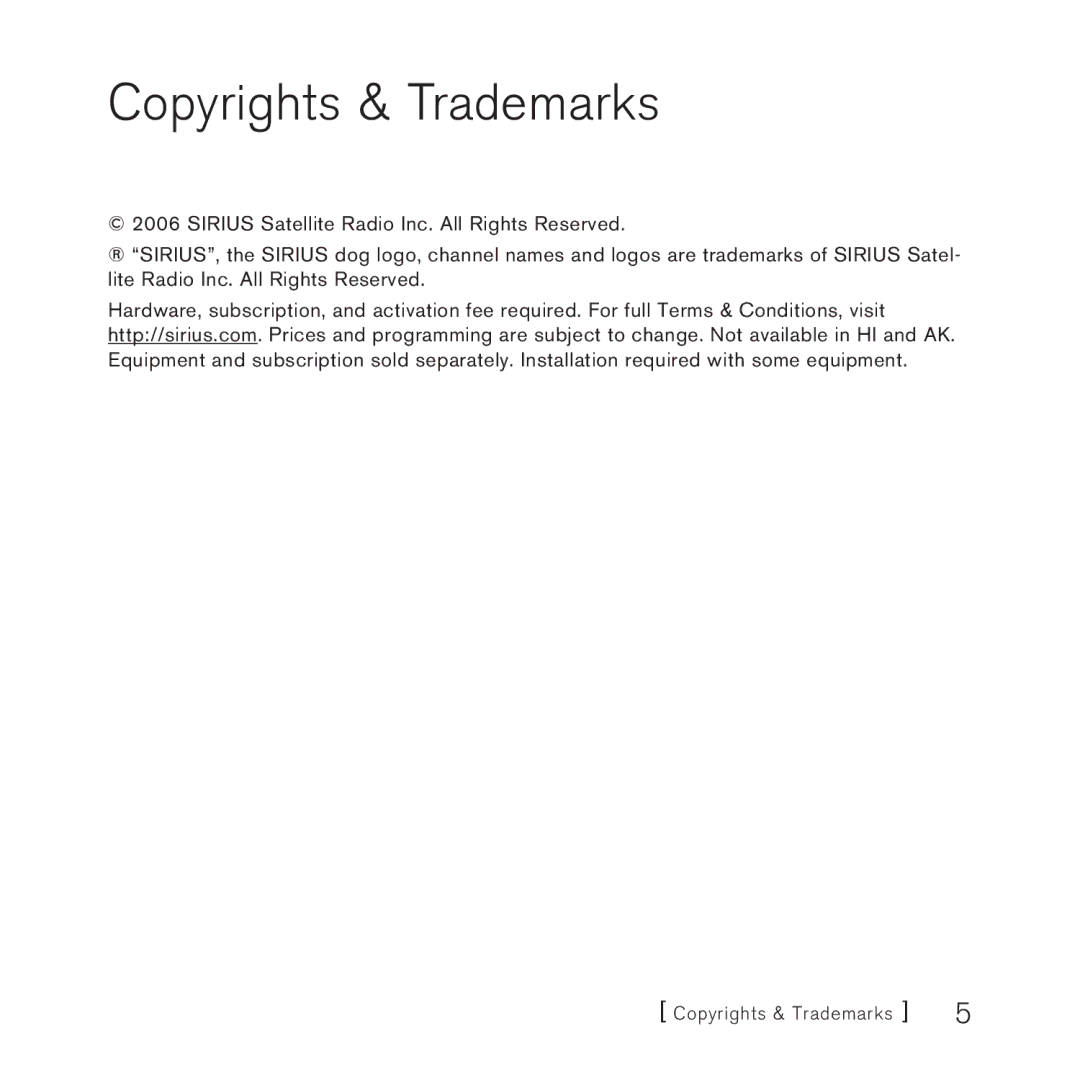 Sirius Satellite Radio SUBX1 manual Copyrights & Trademarks 