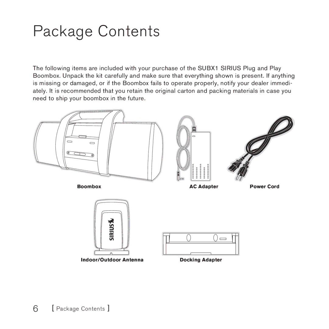 Sirius Satellite Radio SUBX1 manual Package Contents 