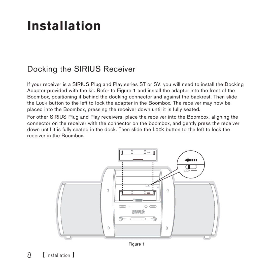 Sirius Satellite Radio SUBX1 manual Installation, Docking the Sirius Receiver 